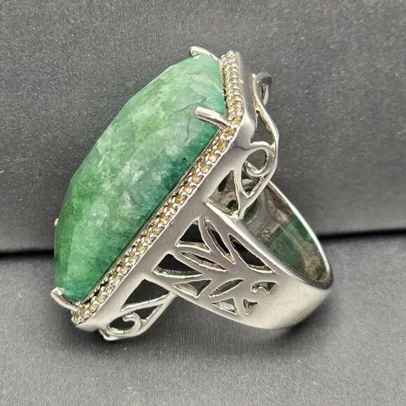 Sterling & Tourmaline Ring Size 6 Quartz Accents Ornate Cutouts 13.4g Signed QJ - Picture 10 of 14
